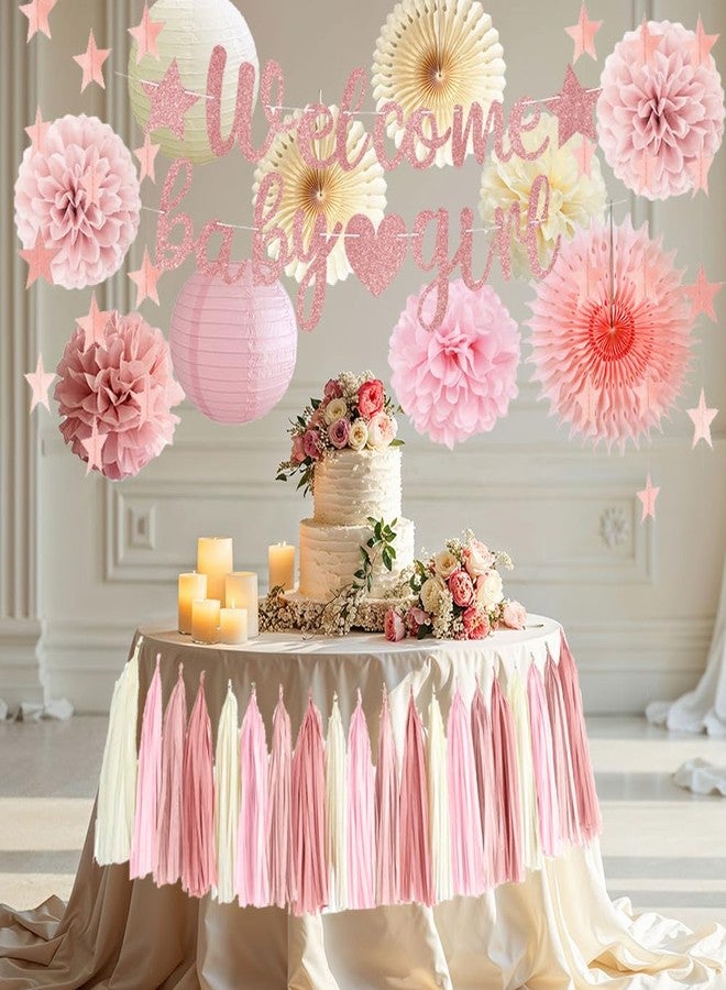 FETETIJD Dusty Pink Girl Baby Shower Decorations Blush Beige Baby Shower Decorations Welcome Baby Banner Dusty Pink Cream Paper Pom Poms Fans Lanterns Paper Tassel Garland for Baby Girls - Image 3