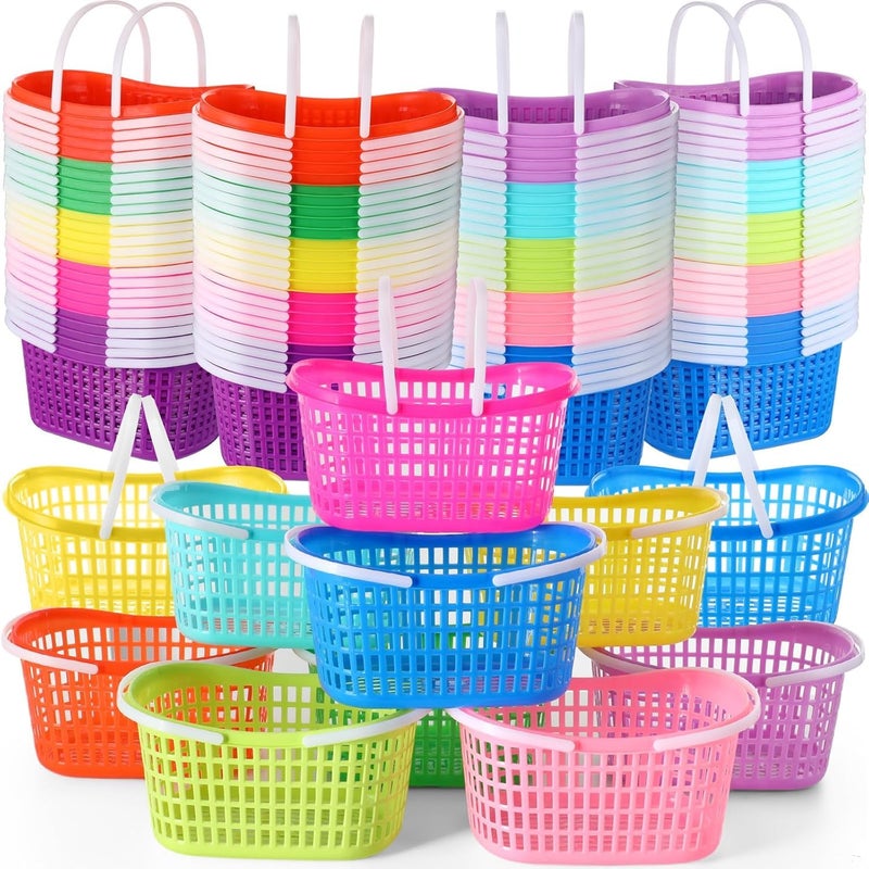 FillTouch 50 Pcs Easter Baskets Bulk Colorful Plastic Eggs Basket with Handles Empty Spring Festival Easter Buckets in 10 Color for Kids Party Favor Egg Supplies Decorations - Image 1