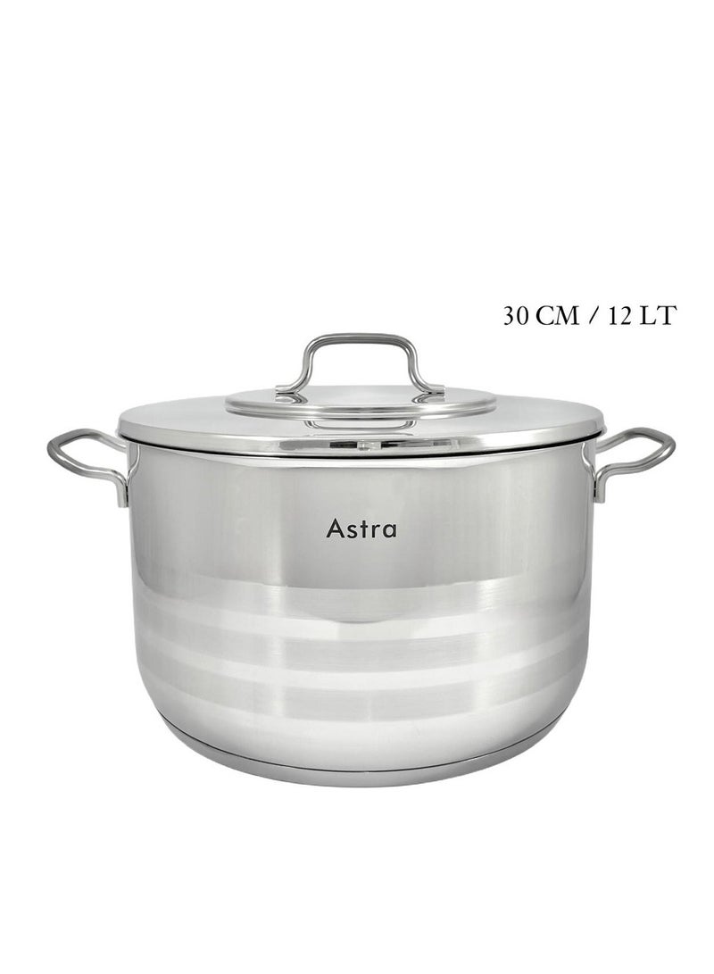 Astra قدر أسترا الفاخر من الفولاذ المقاوم للصدأ – سعة 12 لتر – 30 × 17.5 سم – فولاذ Cr-Ni 18/10 – مثالي للتجمعات الكبيرة، والشواء، والطهي بالجملة