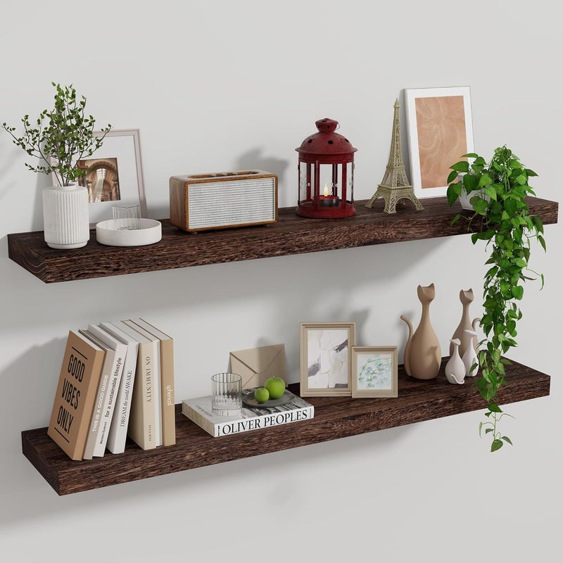Marsmiles Wood Floating Shelves for Wall Set of 2 36 Inch Wide Rustic Wooden Floating Shelves Invisible Wall Mounted Display for Living Room Bedroom Kitchen Bathroom Office Rustic Brown