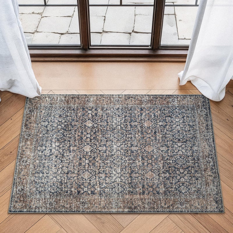 Bloom Rugs Caria Washable NonSlip 3x5 Rug Dark BlueTan Traditional Area Rug for Living Room Bedroom Dining Room and Kitchen Exact Size 3 x 5
