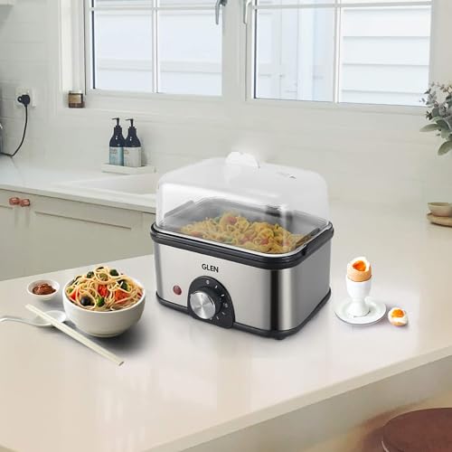 Glen 3 in 1 Electric Multi Cooker | Egg Boiler - Steam | Cook & Boil - 45 Minutes Timer | 350W Boil 8 eggs at a time -non stick heating plate 2 food/egg trays for cooking at 2 levels(SA3035MC) Plastic - Image 2