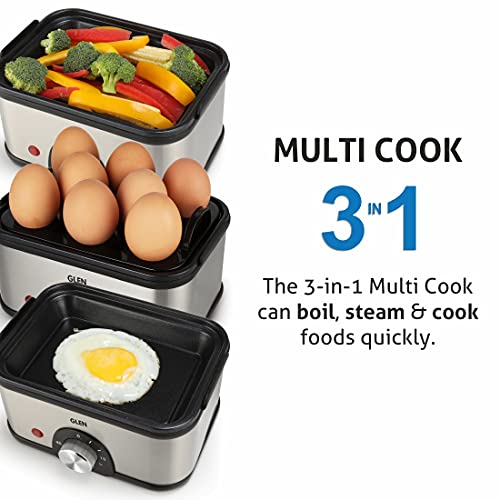 Glen 3 in 1 Electric Multi Cooker | Egg Boiler - Steam | Cook & Boil - 45 Minutes Timer | 350W Boil 8 eggs at a time -non stick heating plate 2 food/egg trays for cooking at 2 levels(SA3035MC) Plastic - Image 3