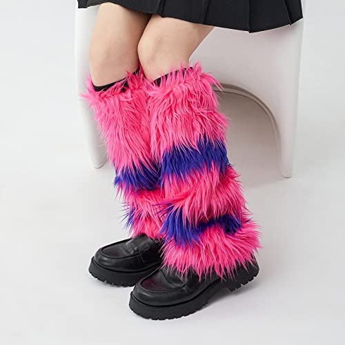 Muineobuka Women Cable Knit Leg Warmers Winter Thick Knit Long Socks Goth Boot Socks for Party Club (Furry Rosy Pink Purple, One Size) - Image 5