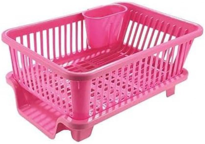 Kitchenwell حامل أطباق الحوض Kitchenwell | 3 في 1 مجفف بلاستيكي كبير متين مع سلة غسيل وصينية | منظم أطباق، أدوات وأواني | وردي، عبوة من 1، 30.5 × 44 × 14.8 سم - Image 1