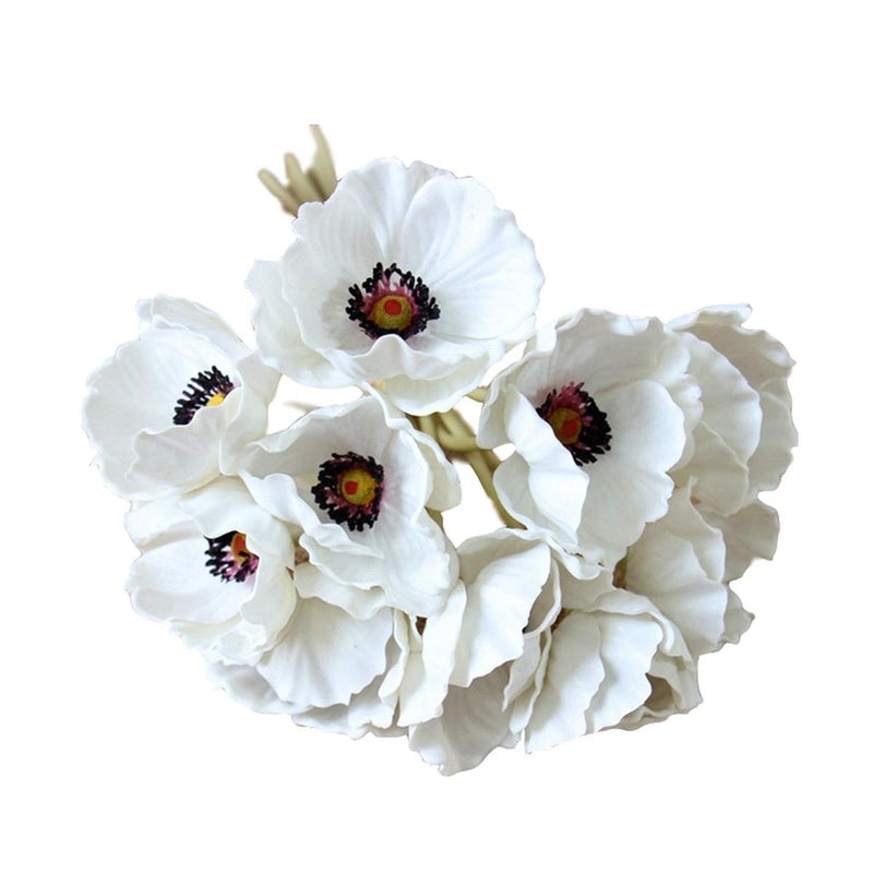 LebriTamFa 10 Stems Artificial Poppies Real Touch PU Fake Latex Flowers for Wedding Holiday Bridal Bouquet Home Party Decor White