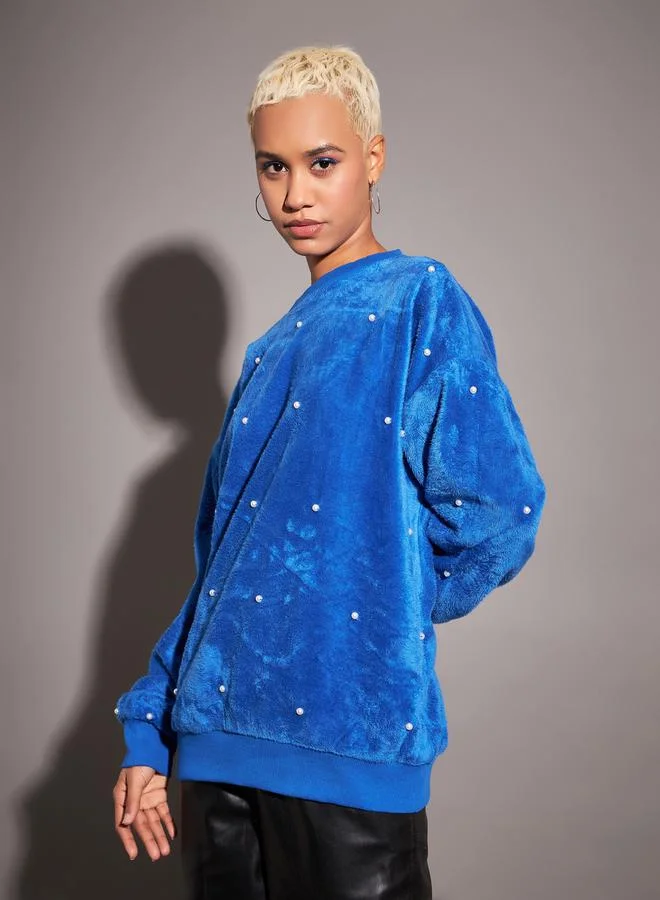 SASSAFRAS Relaxed Fit Fleece Faux Fur Pearl Stud Sweatshirt by Styli