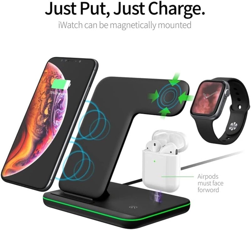 Trands 3-in-1 Wireless Desk Charger for iPhone, Apple Watch, and AirPods - Black - Image 2