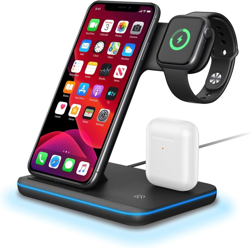 Trands 3-in-1 Wireless Desk Charger for iPhone, Apple Watch, and AirPods - Black - Image 1