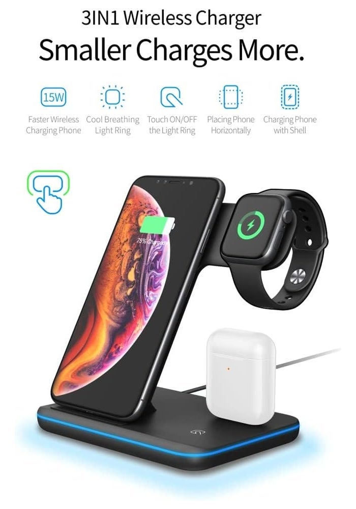 Trands 3-in-1 Wireless Desk Charger for iPhone, Apple Watch, and AirPods - Black - Image 3