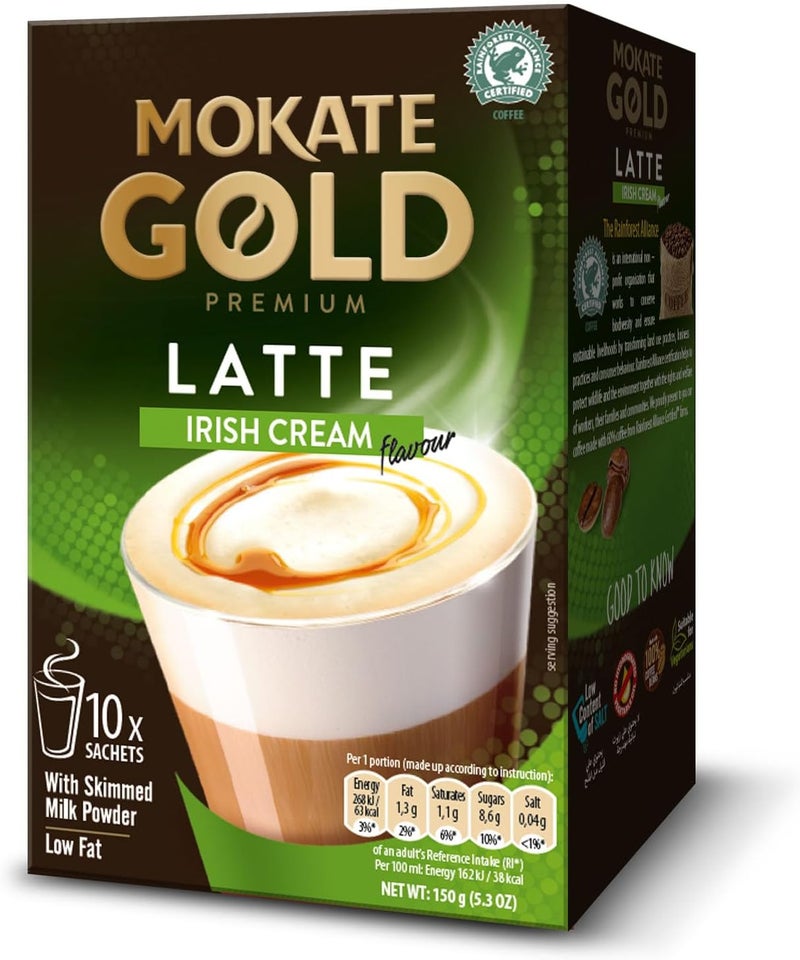 MOKATE موكاتي جولد بريميوم لاتيه كريمة إيرلندية - مزيج قهوة فورية (10 أكياس، 140 جرام) - Image 1