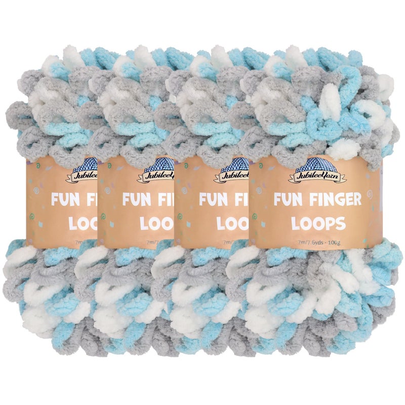BambooMN JubileeYarn Fun Finger Loops Yarn 100gSkein Jumbo Polyester Blue Grey White 4 Skeins