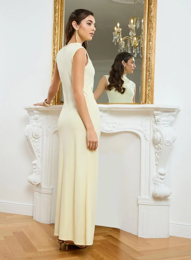 Styli  Women Yellow Sleeveless Ruched Maxi Dress for Women | Best Price UAE