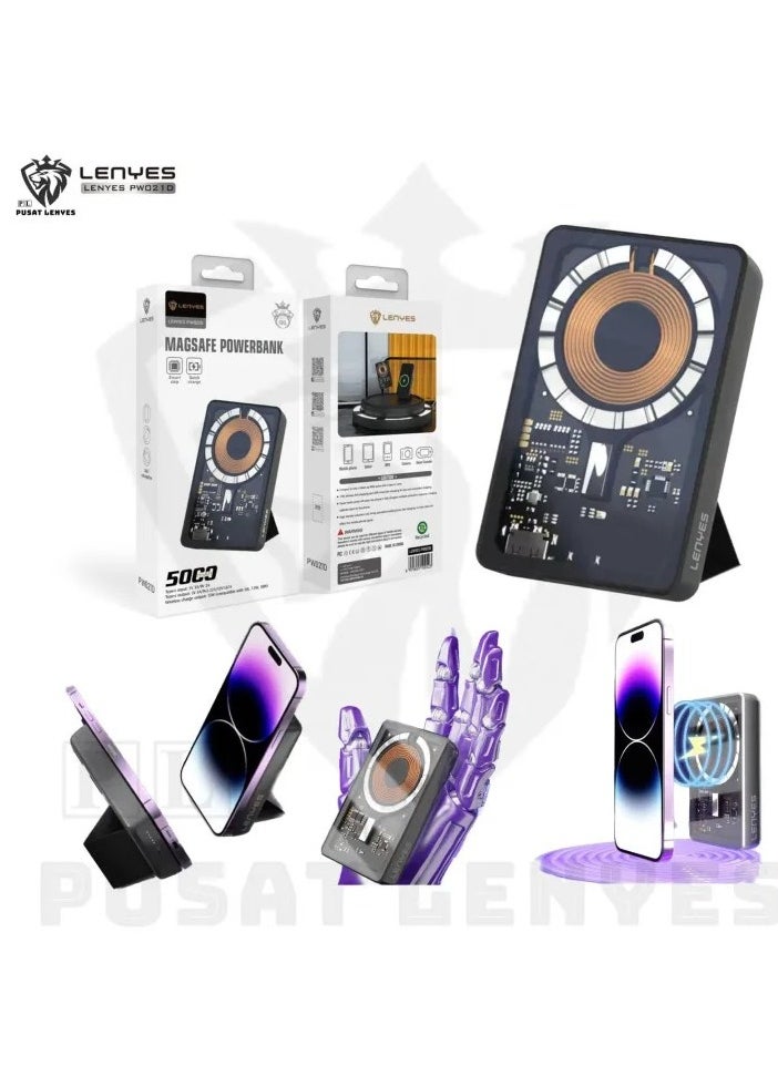 Lenyes - Powerbank LENYES 5000mAh Wireless Fast Charging PD20W + 15W Magsafe Power Bank Transparan + stand Real Capacity Original - Image 1