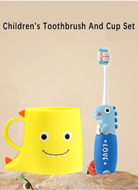 Children's Cartoon Toothbrush And Tooth Cup Set (Blue Toothbrush + Yellow Tooth Cup)