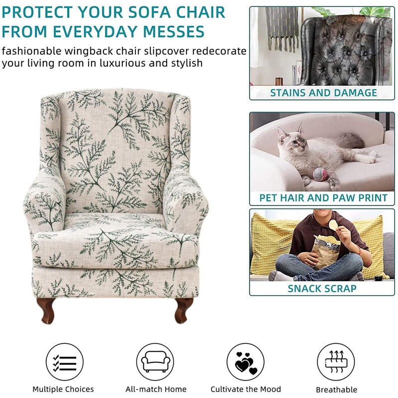 KRFOONN Stretch Wing Chair Slipcovers Printed 2 Piece Wingback Chair Covers Soft Spandex Wingback Armchair Slipcover Furniture Protector Chair Covers for Living Room Wingback Chair, T1 - Image 5