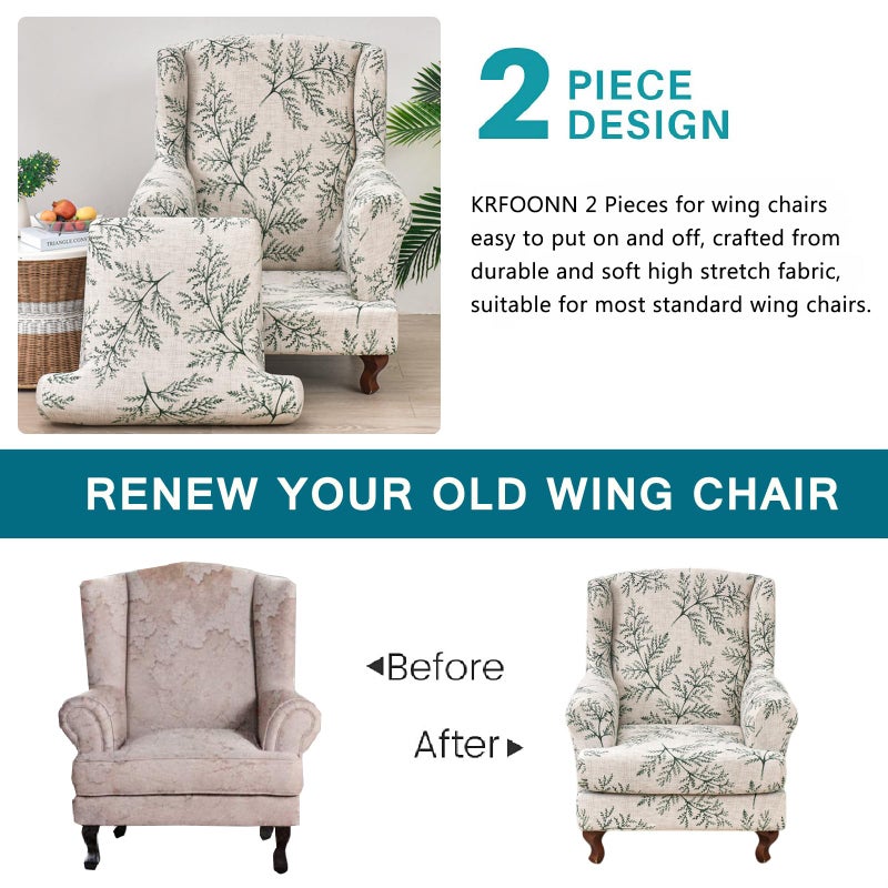 KRFOONN Stretch Wing Chair Slipcovers Printed 2 Piece Wingback Chair Covers Soft Spandex Wingback Armchair Slipcover Furniture Protector Chair Covers for Living Room Wingback Chair, T1 - Image 3