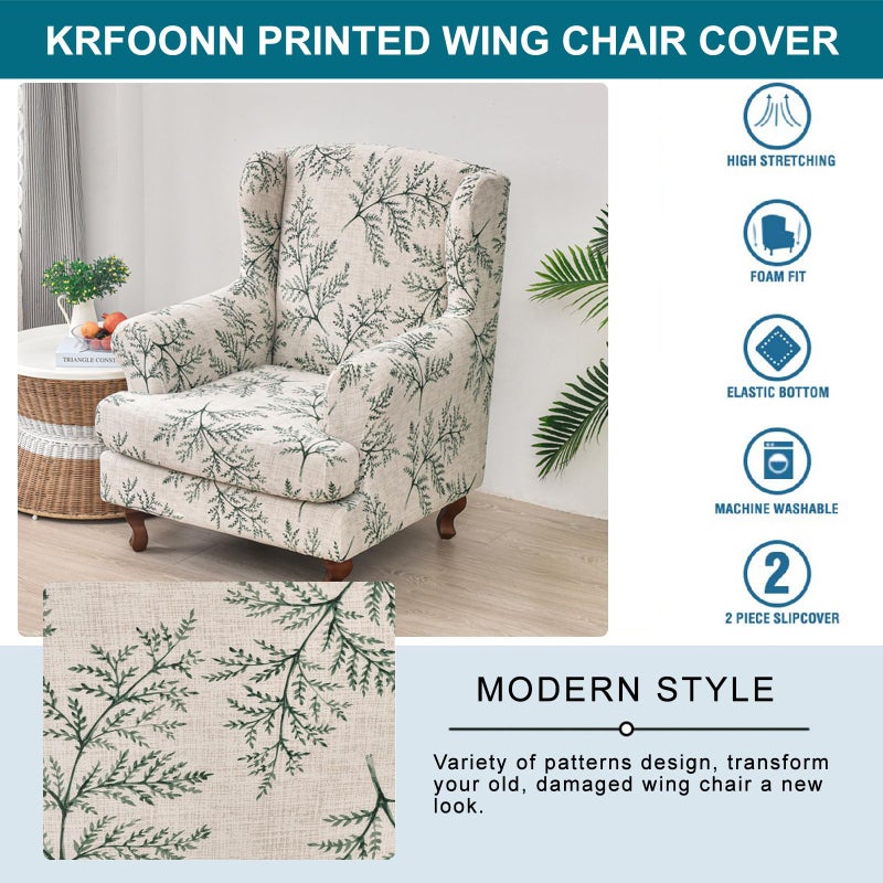 KRFOONN Stretch Wing Chair Slipcovers Printed 2 Piece Wingback Chair Covers Soft Spandex Wingback Armchair Slipcover Furniture Protector Chair Covers for Living Room Wingback Chair, T1 - Image 4