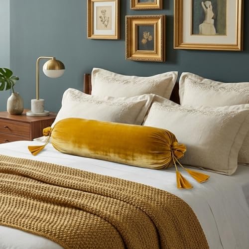 Dulhan Creations Soft and Bright, Solid Color Velvet Bolster Covers Set of 2, 16" x 32" Wrinkle Free Bed Side Long Decorative Round Pillow Cover Dandelion Yellow Masand Khol for Living Room Diwan Set - Image 2