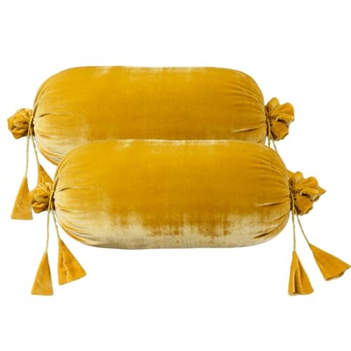 Dulhan Creations Soft and Bright, Solid Color Velvet Bolster Covers Set of 2, 16" x 32" Wrinkle Free Bed Side Long Decorative Round Pillow Cover Dandelion Yellow Masand Khol for Living Room Diwan Set - Image 1