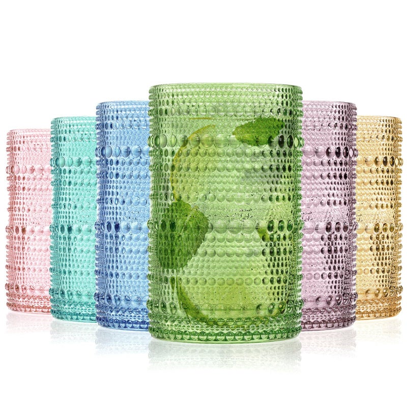 ZOOFOX Set of 6 Vintage Drinking Glasses 12 Oz Colored Hobnail Glasses Tumbler Embossed Design Glass Tumblers Set for Water Beverages Juice Beer Cocktail Whiskey Milk