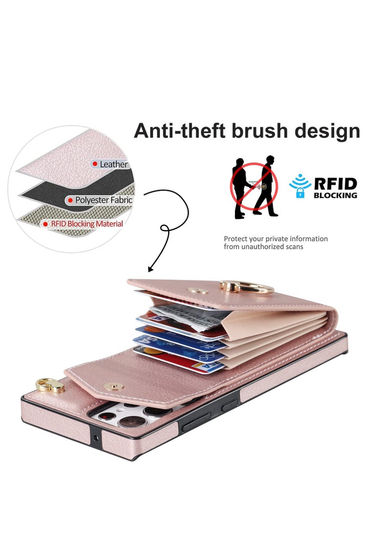 SYOSI Flip Leather Wallet Phone Cases Fit for Samsung Galaxy S23 Ultra, RFID-Blocking Wallet Case, with Credit Card Holder, Ring Strap, Crossbody Lanyard, 6.8'' Women RFID Blocking Protective Purse - Image 4