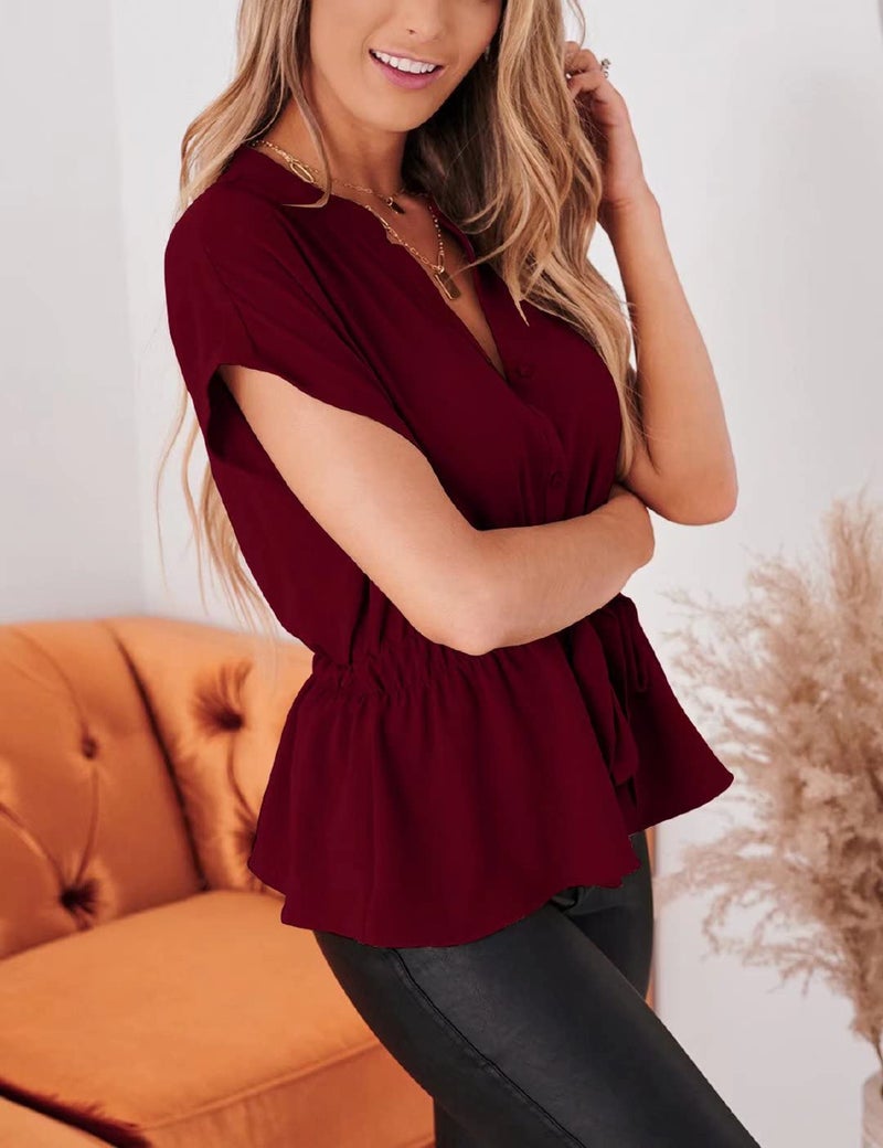 CiCiBird Womens Button Down Blouses Casual Peplum Summer Tops Dressy Chiffon Work Blouse Red - Image 5