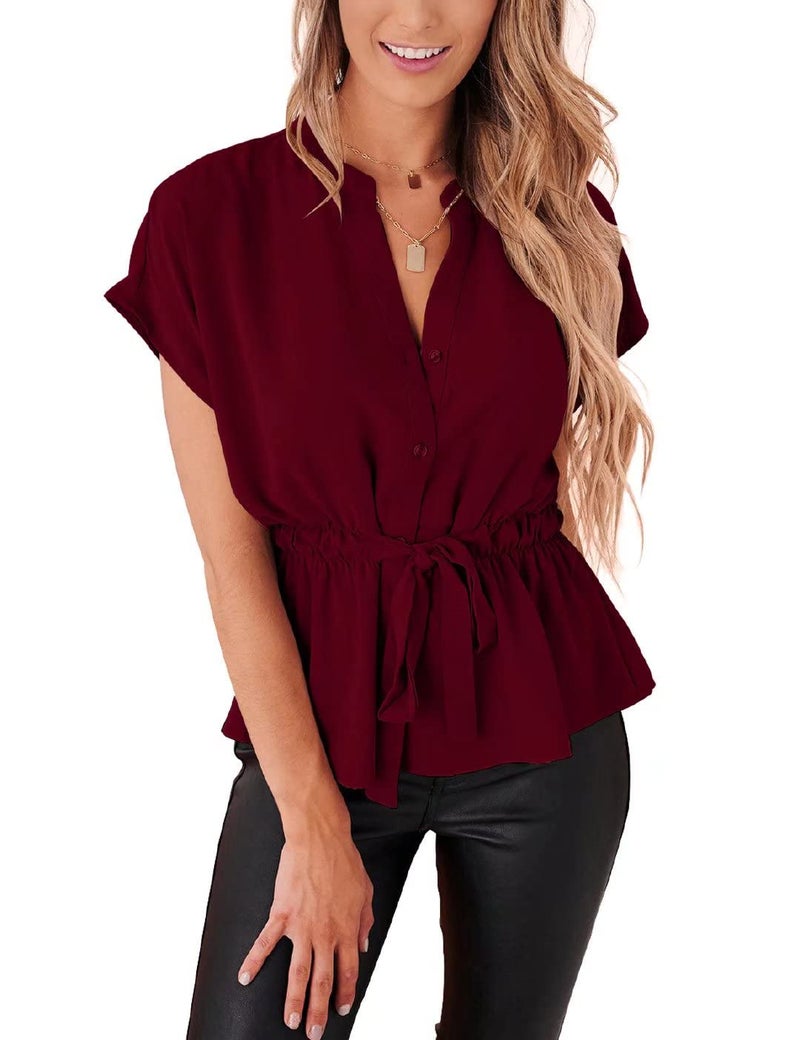CiCiBird Womens Button Down Blouses Casual Peplum Summer Tops Dressy Chiffon Work Blouse Red - Image 1
