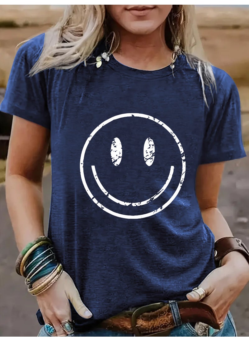 Generic - Summer Womens Casual Short Sleeve round Neck Smiley Face Pattern T-shirt Fashionable Street Style Polyester Blend Top Sapphire Blue - Image 1