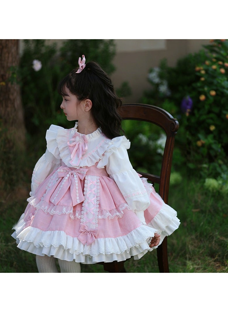 Loquat Girl's  Lolita Fluffy Long Sleeve Dress White/Pink  - Image 1
