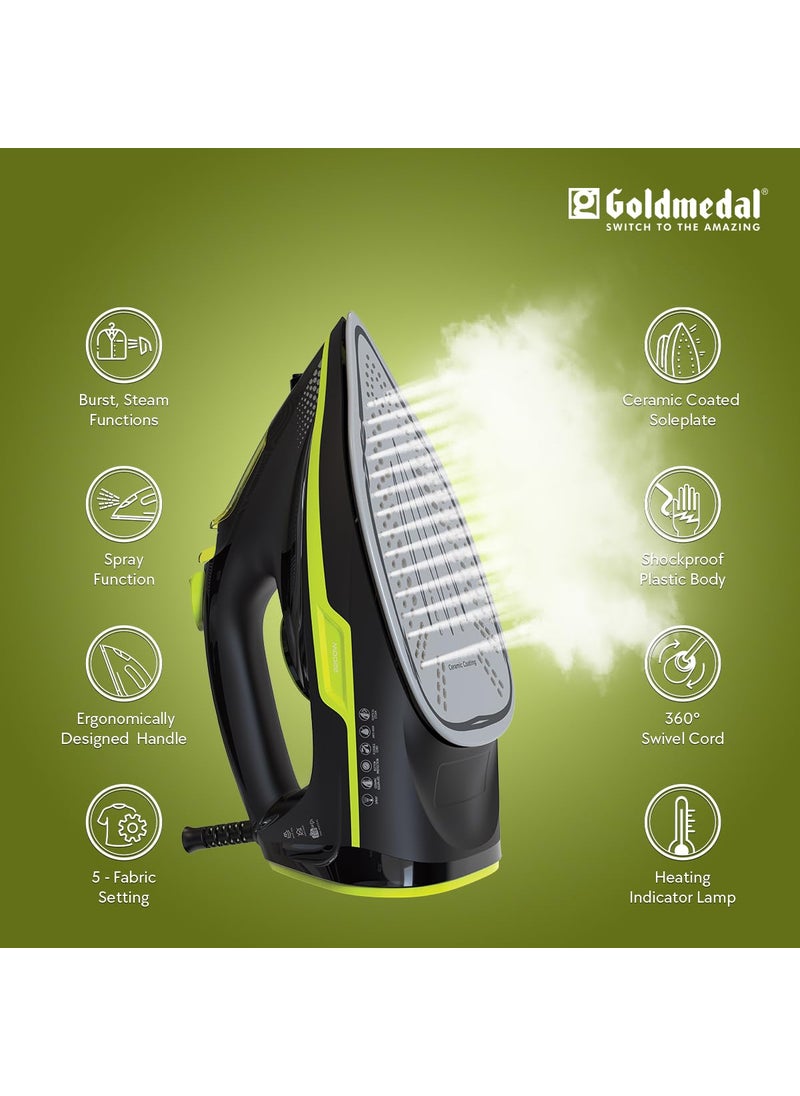 GOLD MEDAL Goldmedal Cosmo Steam Iron Swift Stylish 5 Fabric Setting 2200W for Faster Heating 18 Meter Cord Length 30 Months Warranty Pack of 1 Green Black  - Image 2