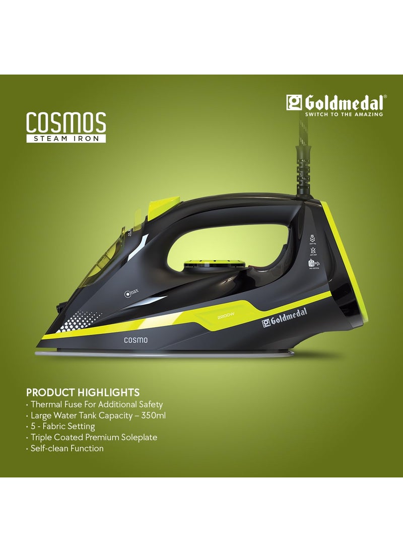 GOLD MEDAL Goldmedal Cosmo Steam Iron Swift Stylish 5 Fabric Setting 2200W for Faster Heating 18 Meter Cord Length 30 Months Warranty Pack of 1 Green Black  - Image 4