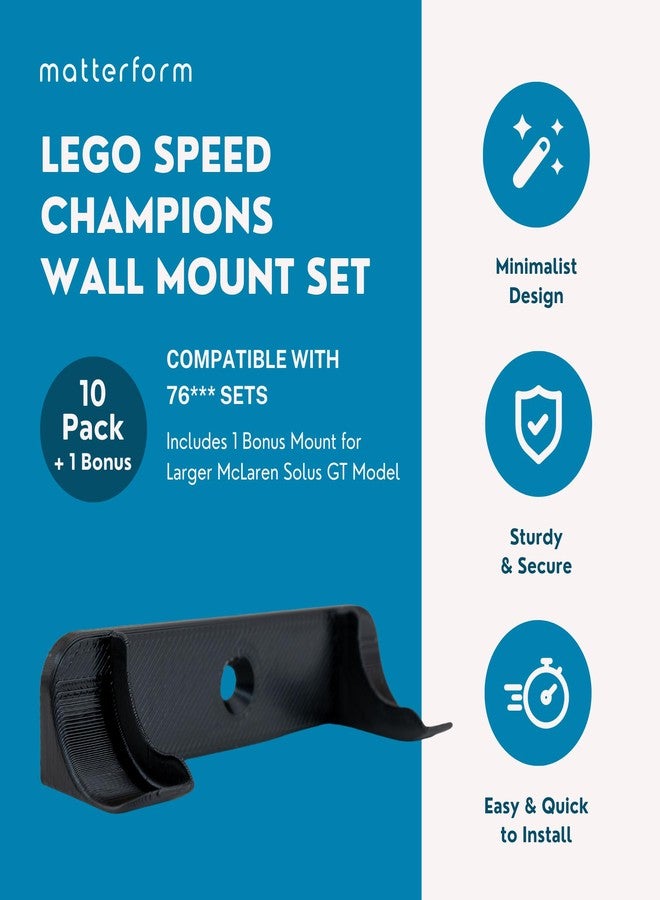 matterform Wall Mount for Lego Speed Champions (10 Pack + 1 Bonus) | Compatible with Sets Starting with 76 & 77 including F1 (2020 and later) | Includes Large Size for McLaren Solus GT | Car Model Display Hanger - Image 2