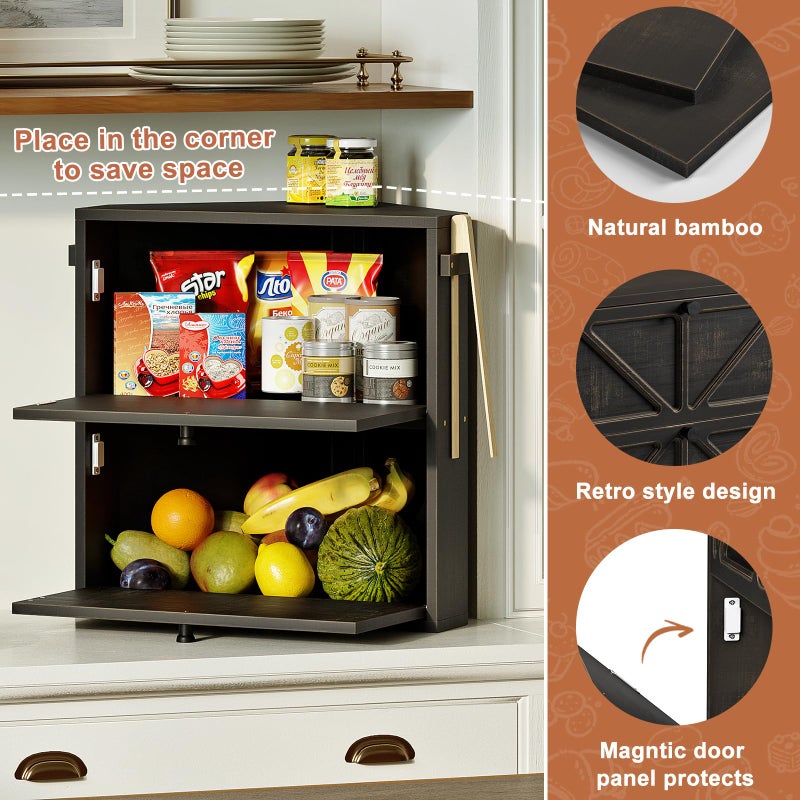 WOWLIVE Vintage Corner Bread Box for Kitchen Counter, Double-Layer Bamboo Bread Storage Bin, Large Capacity Rustic Farmhouse Bread Holder, Breadbox Organizer for Cabinet (Black, Extra Large) - Image 4