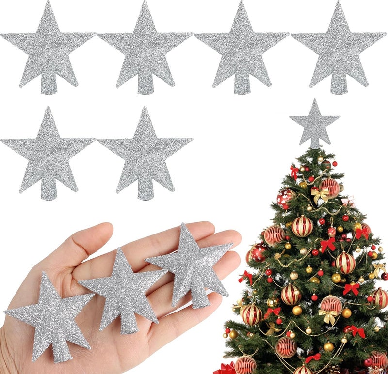 FOIMAS Mini Christmas Tree Topper Star,6pcs Glitter Christmas Tree Topper for Small Christmas Tree Craft Home Decoration,Silver - Image 1