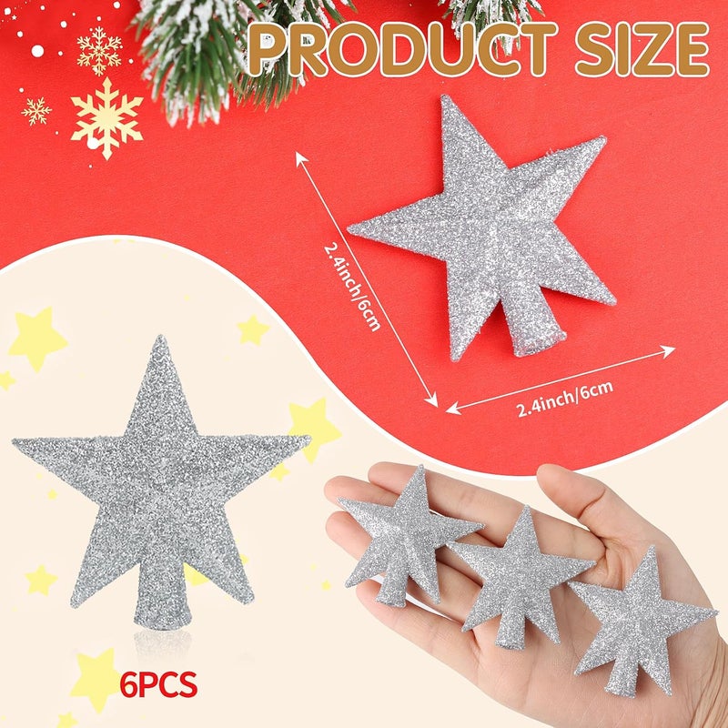 FOIMAS Mini Christmas Tree Topper Star,6pcs Glitter Christmas Tree Topper for Small Christmas Tree Craft Home Decoration,Silver - Image 2