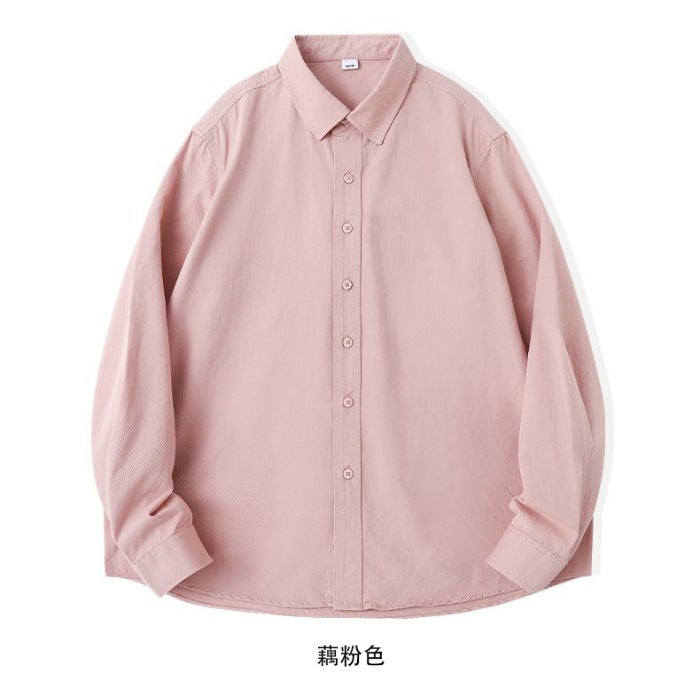 Washed cotton no pocket long sleeve solid color shirt womens light version loose cardigan lapel top in stock wholesale Lotus root pink 