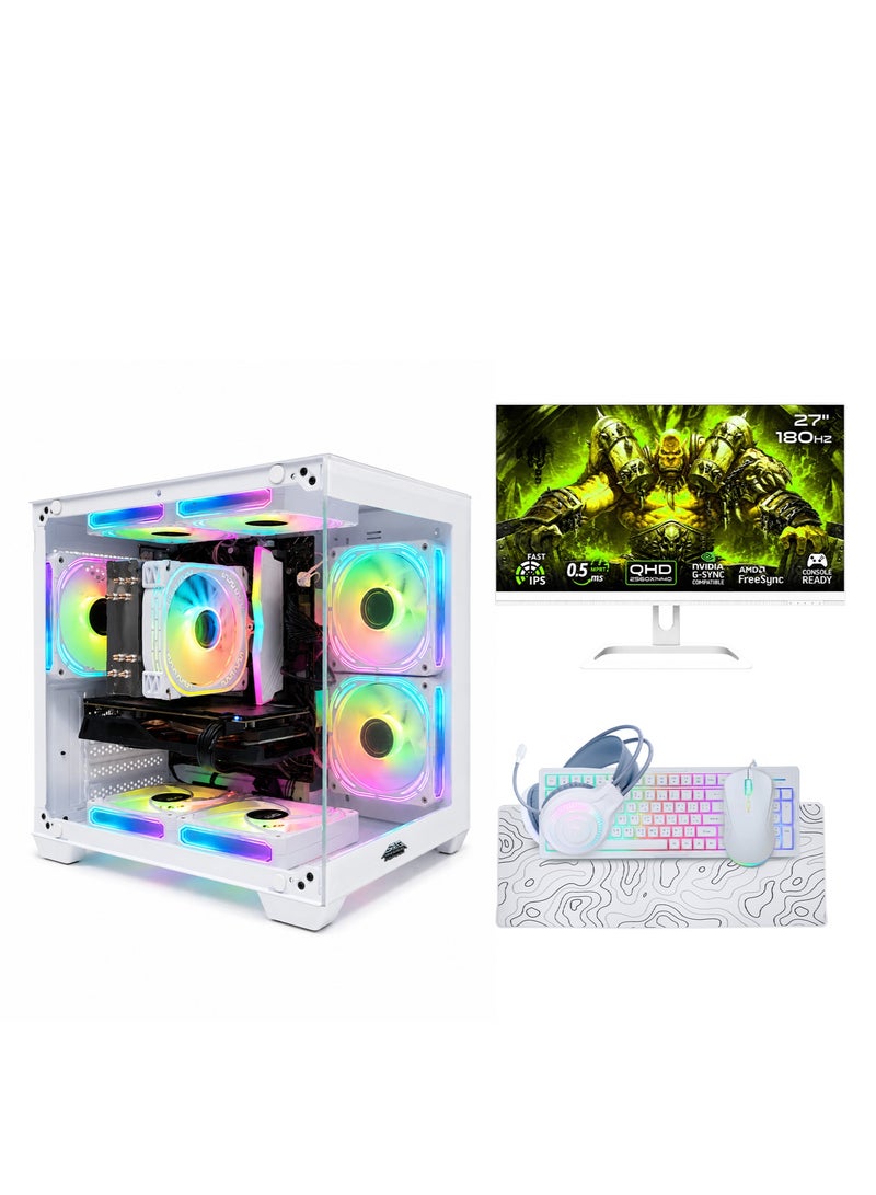 عرب جيمرز حزمة كمبيوتر ألعاب متكاملة بيضاء - Intel Core i5-12400F, NVIDIA RTX 5060 8GB, 16GB RAM, 1TB NVMe SSD, شاشة 27 بوصة FHD 180Hz, لوحة مفاتيح, ماوس, سماعة رأس - Image 1