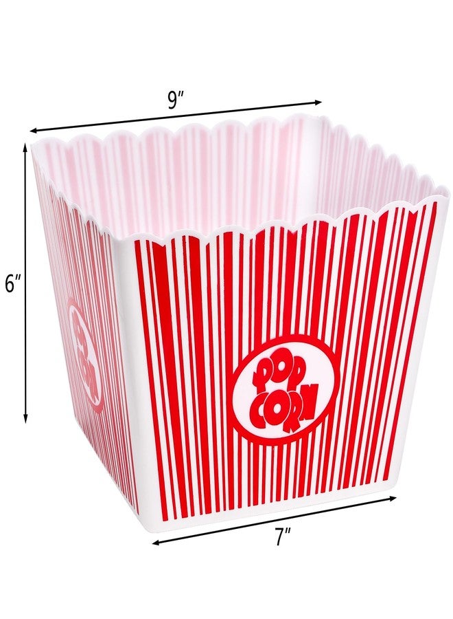 Hedume 6 Pack Plastic Popcorn Buckets, Reusable Popcorn Bowl, Movie Theater Style Popcorns Container Set, Red & White Striped Classic Popcorns Boxes for Movie Night (Square, 9" x 9" x 6") - Image 4