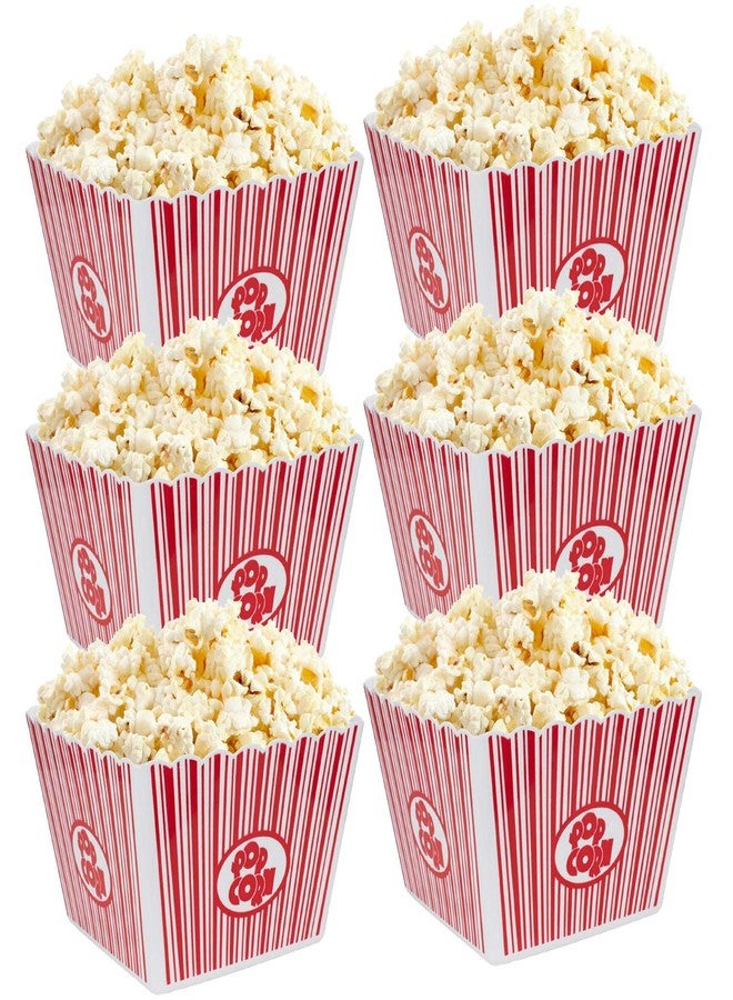 Hedume 6 Pack Plastic Popcorn Buckets, Reusable Popcorn Bowl, Movie Theater Style Popcorns Container Set, Red & White Striped Classic Popcorns Boxes for Movie Night (Square, 9" x 9" x 6") - Image 1
