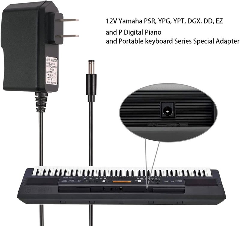 SmallSpark 12V 2A AC/DC Power Supply Adapter for Yamaha Keyboard Piano PA130 PA150 YPG-235, PSR-E253, PSR-E263, PSR-E353, PSR-E363, PSR-EW300, PSR-E453, NP12, NP32, YPT-200, YPT-210 Charger Cable (6 feet) - Image 2