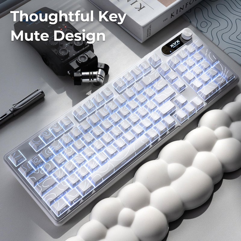 OHY XVX Wireless Keyboard,99Keys Quiet Typing Membrane Gaming Keyboard with Logo Display & Knob, RGB Backlit, USB C Rechargeable, 94 Keys PBT Keycap for Windows PC, Mac, Linux-White - Image 5