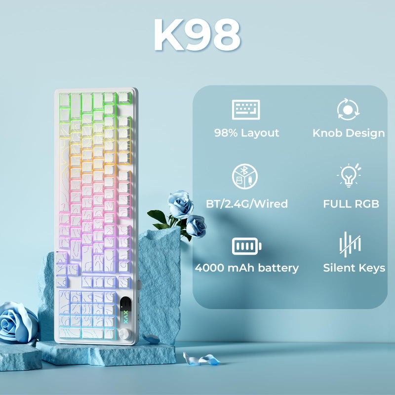 OHY XVX Wireless Keyboard,99Keys Quiet Typing Membrane Gaming Keyboard with Logo Display & Knob, RGB Backlit, USB C Rechargeable, 94 Keys PBT Keycap for Windows PC, Mac, Linux-White - Image 2