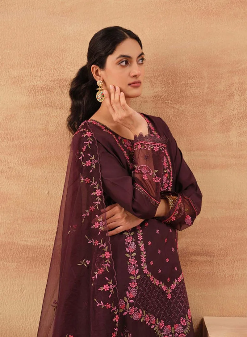 ISHIN Women's Wine Roman Silk Embroidered Tunic Upper With Full Palazzo Regular Fit 3 Piece Kurta Set