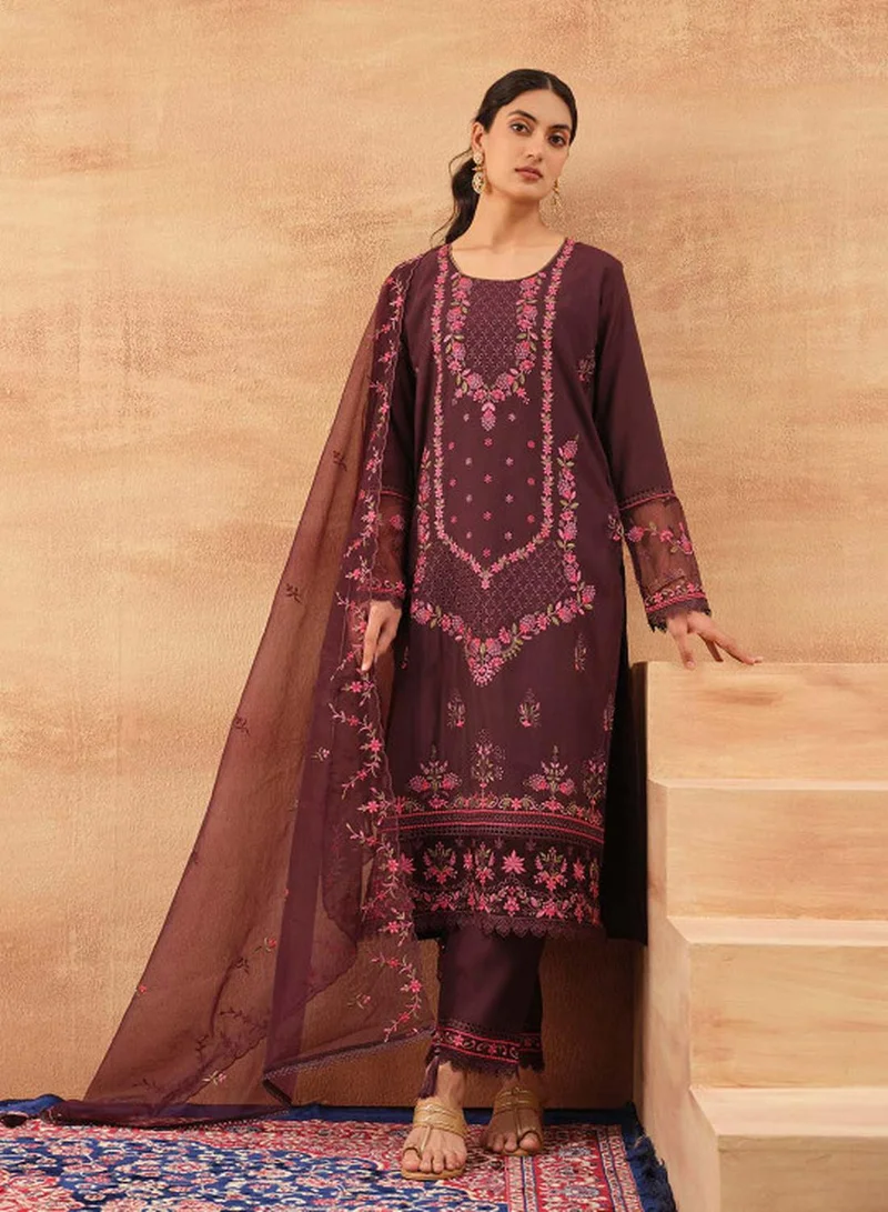 ISHIN Women's Wine Roman Silk Embroidered Tunic Upper With Full Palazzo Regular Fit 3 Piece Kurta Set