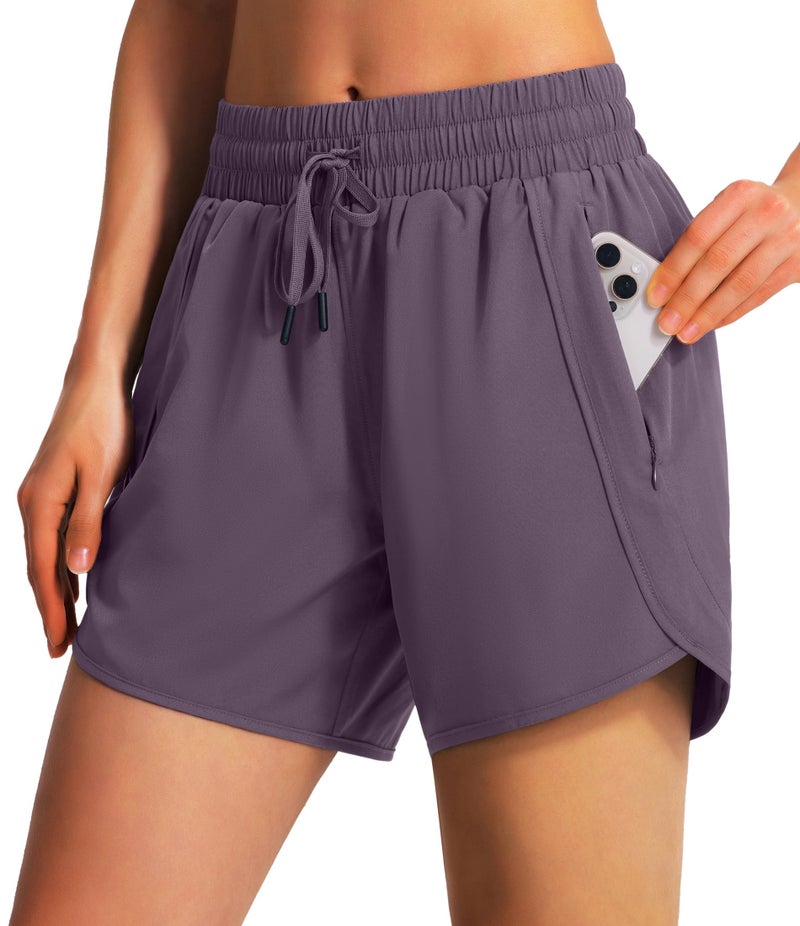 Ksmien Women's 5"/ 7" Athletic Running Shorts Quick Dry Lightweight Workout Gym Shorts with Zipper Pockets UPF 50+ Grey Purple - Image 1
