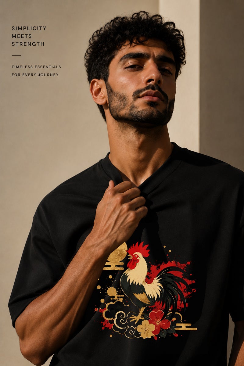 Men's Oversized Black Rooster Graphic T-Shirt Casual Short Sleeve Crew Neck Streetwear Tee - Image 5