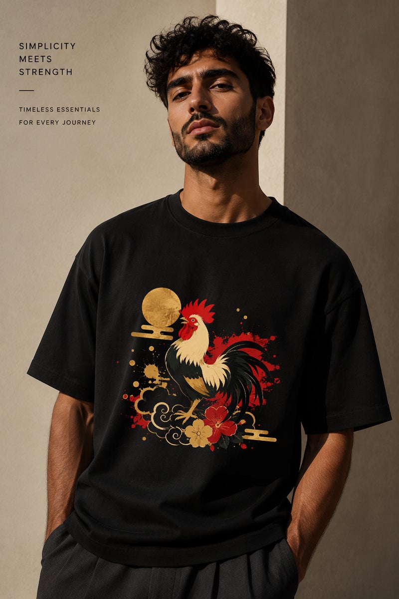 Men's Oversized Black Rooster Graphic T-Shirt Casual Short Sleeve Crew Neck Streetwear Tee - Image 1