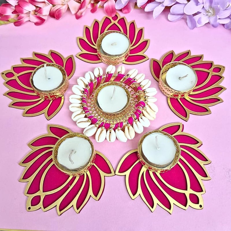 VACHANMOLI Handmade Lotus Tealight Candle Holder with Centre Rangoli Diya Set of 6 Lotus Reusable Rangoli for FloorTealight Candle HolderRangoli Diya for HomeDiwaliNavratri Decoration