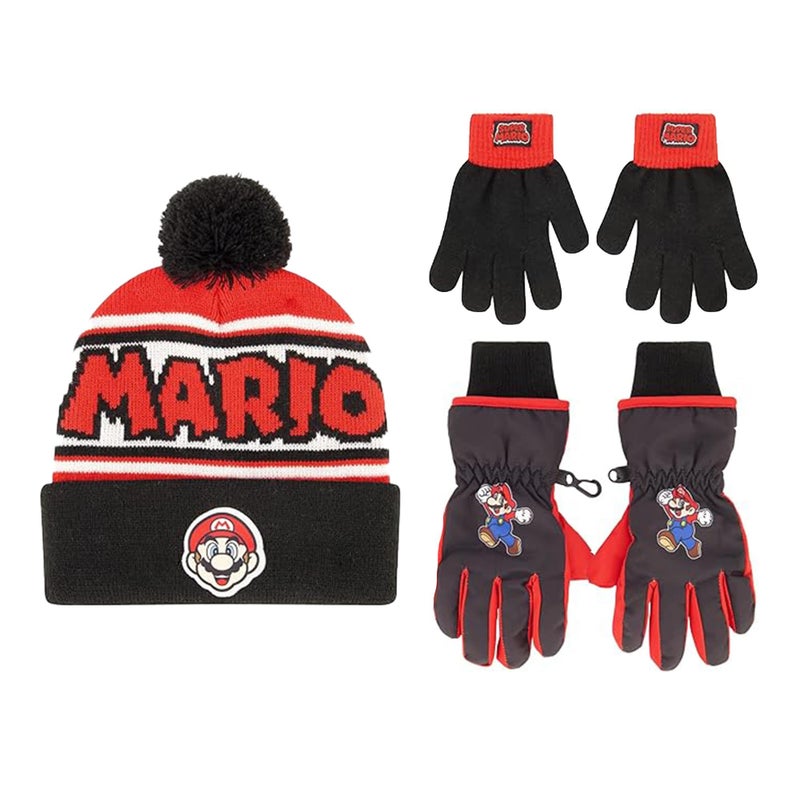 Nintendo Boys Winter Hat with Knit Gloves and Insulated Ski Glove Set, Super Mario For Age 4-7 - Image 1